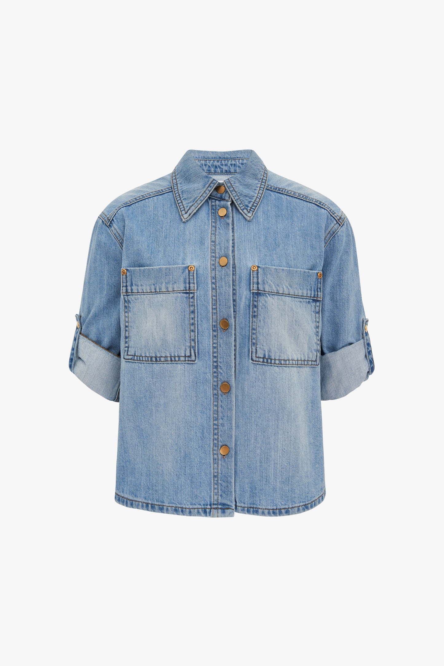 Cropped Sleeve Denim Jacket in Blue
