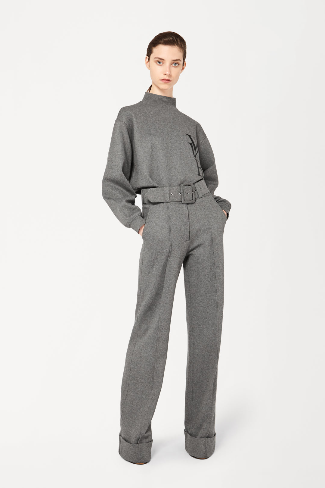 Belted Jersey Trousers in Grey Melange