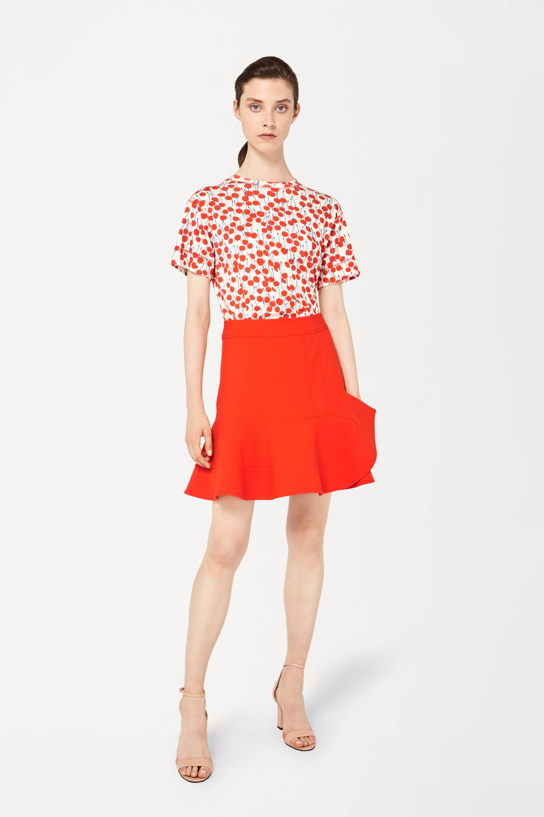 Peplum Hem Skirt In Flame Red