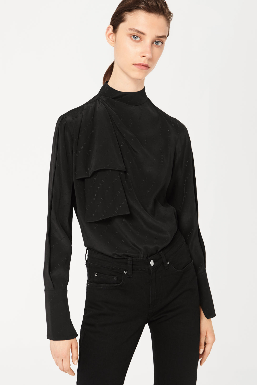 Scarf-Neck Logo Top in Black
