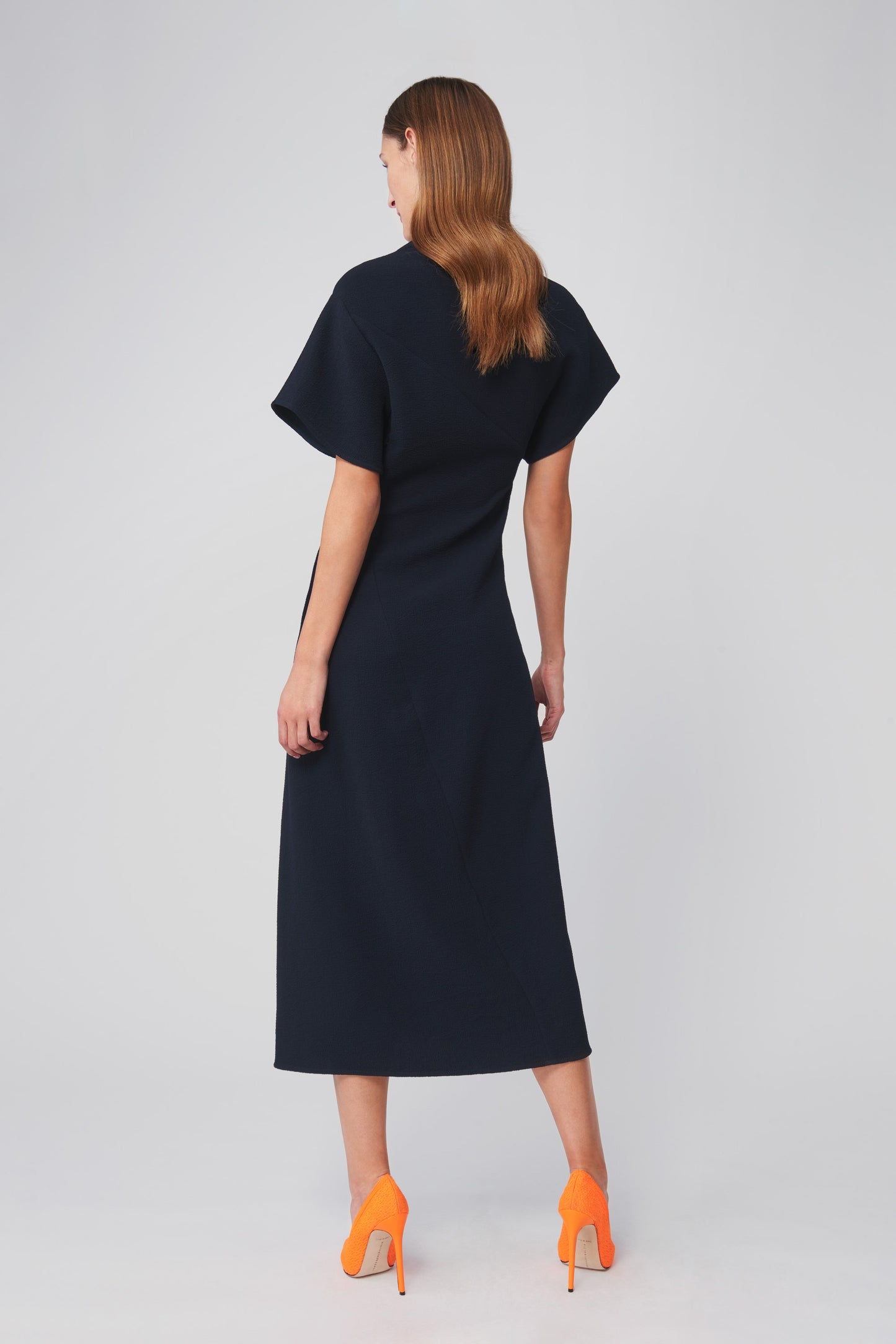 Asymmetric Neck Flare Dress in Navy