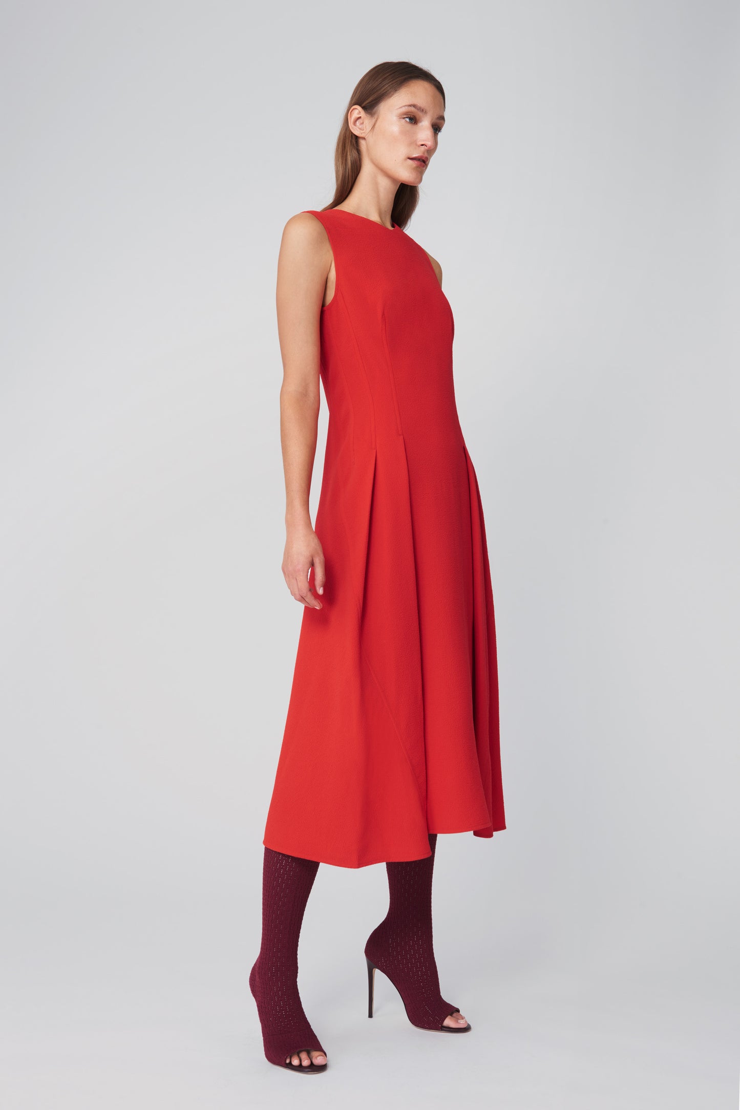 Pleated Flare Midi Dress in Candy Red