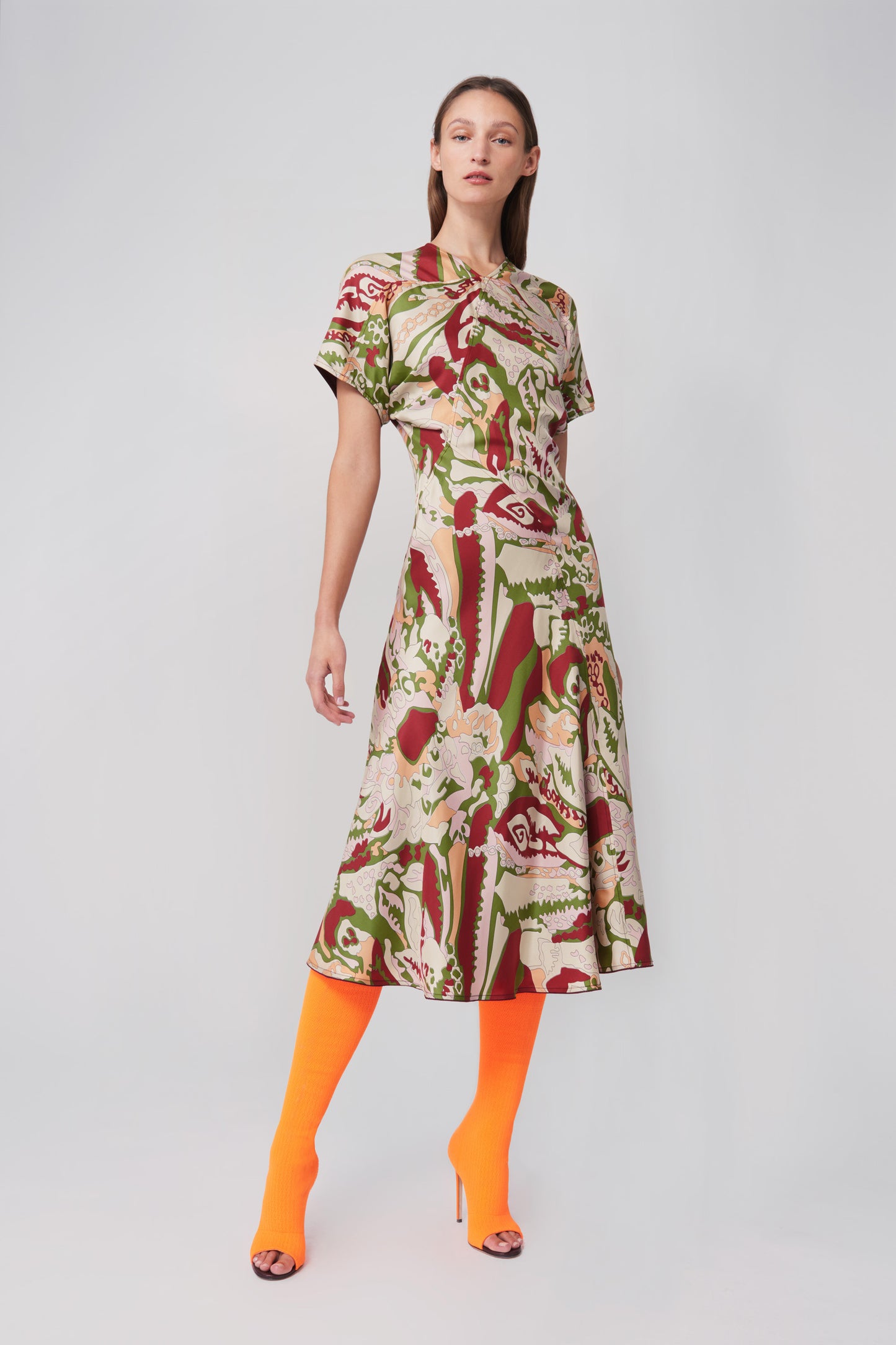 V-Neck Panelled Flare Dress in Abstract Print