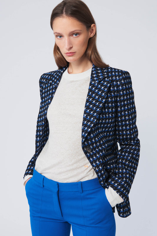 Single Breasted Fitted Jacket in Navy Houndstooth