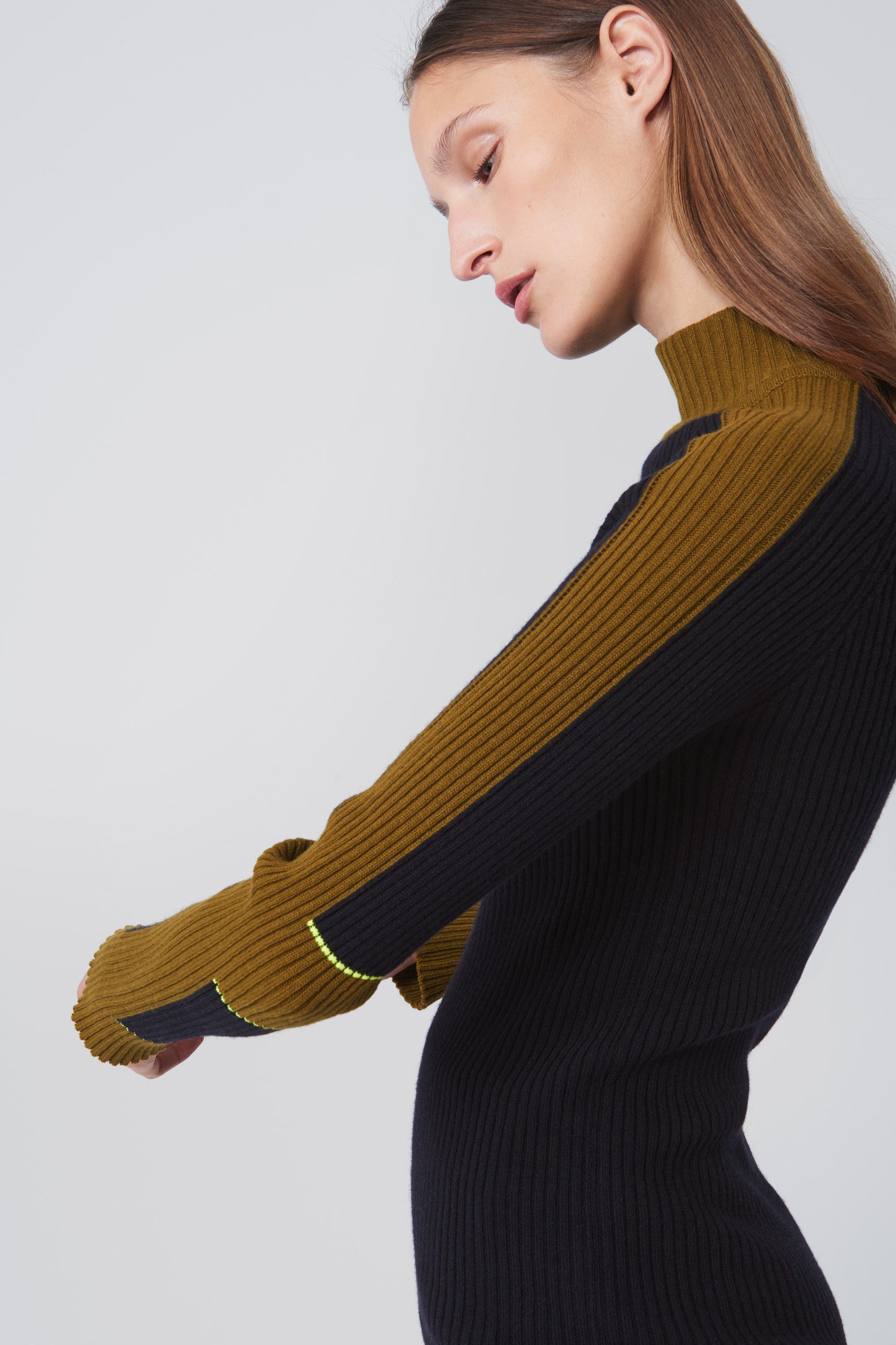 Colour Block Mock Neck Jumper in Navy/Olive Green