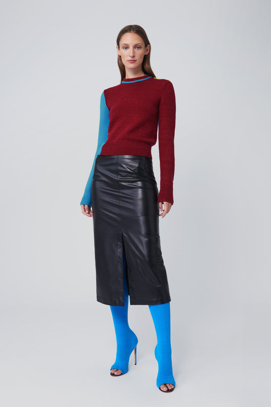 Box Pleat Midi Skirt In Black Leather