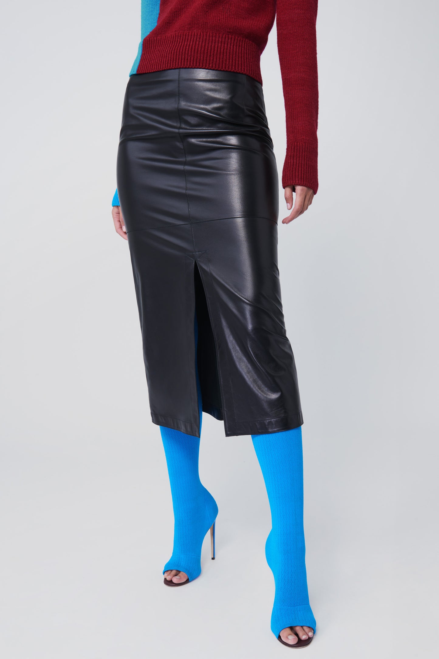 Box Pleat Midi Skirt In Black Leather