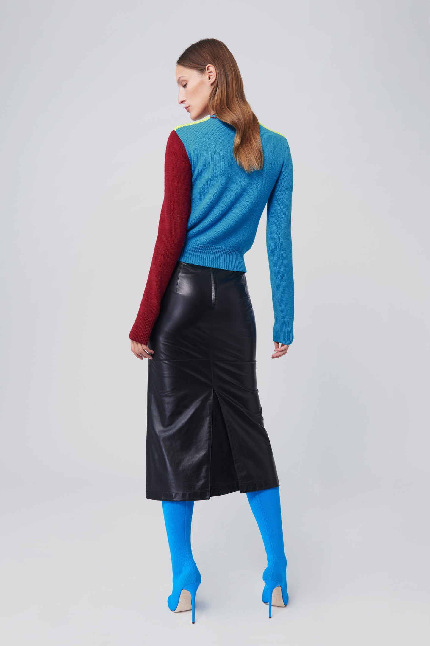 Box Pleat Midi Skirt In Black Leather