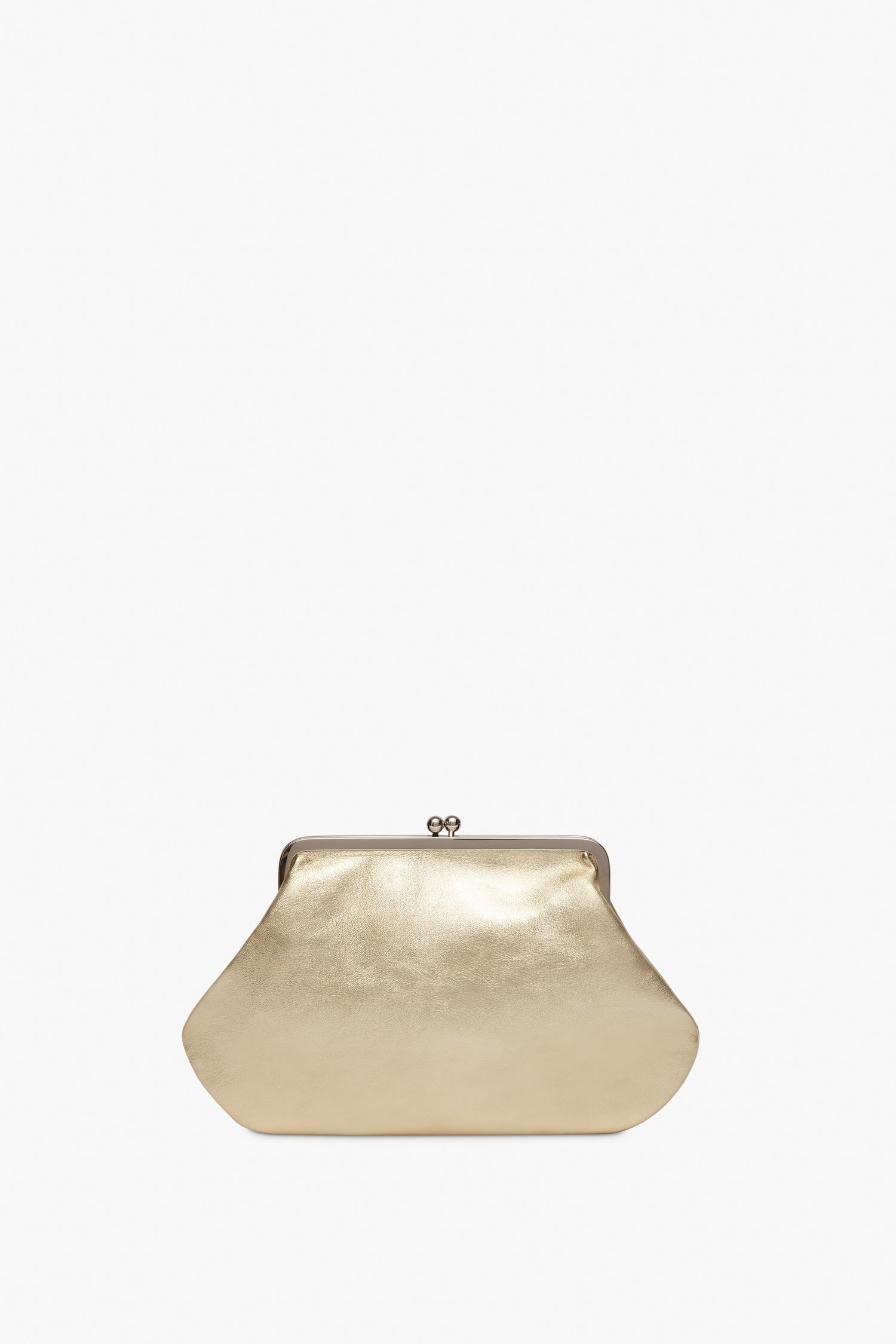 Victoria Beckham's Pocket Clutch in Gold features a metallic finish with a kiss lock clasp and silver frame, set on a plain white background.