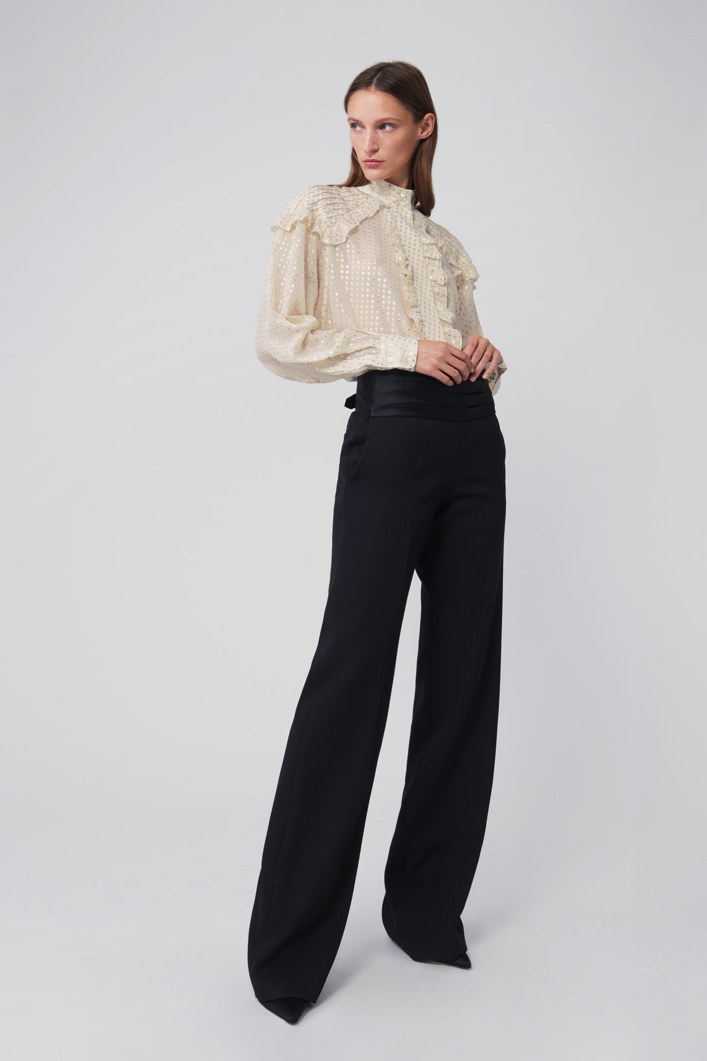 Pintuck Ruffle Blouse in Off-White