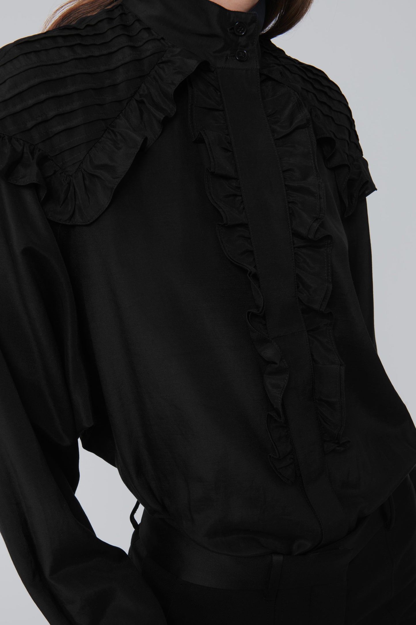 Pintuck Ruffle Blouse in Black
