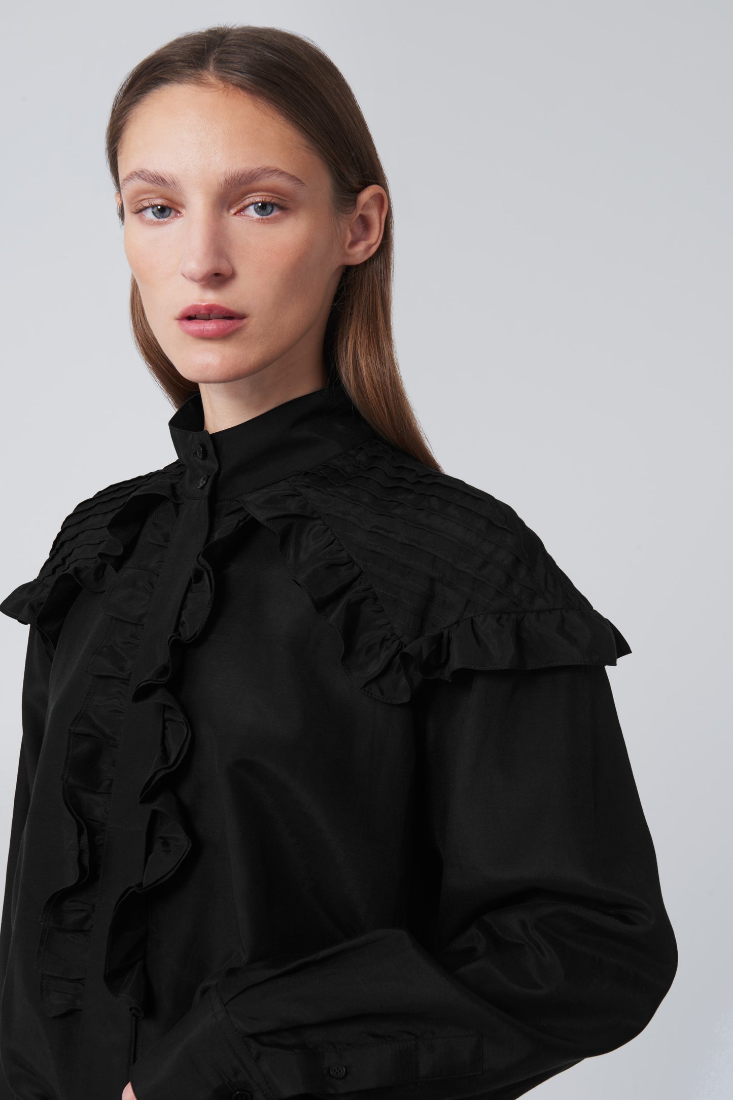 Pintuck Ruffle Blouse in Black