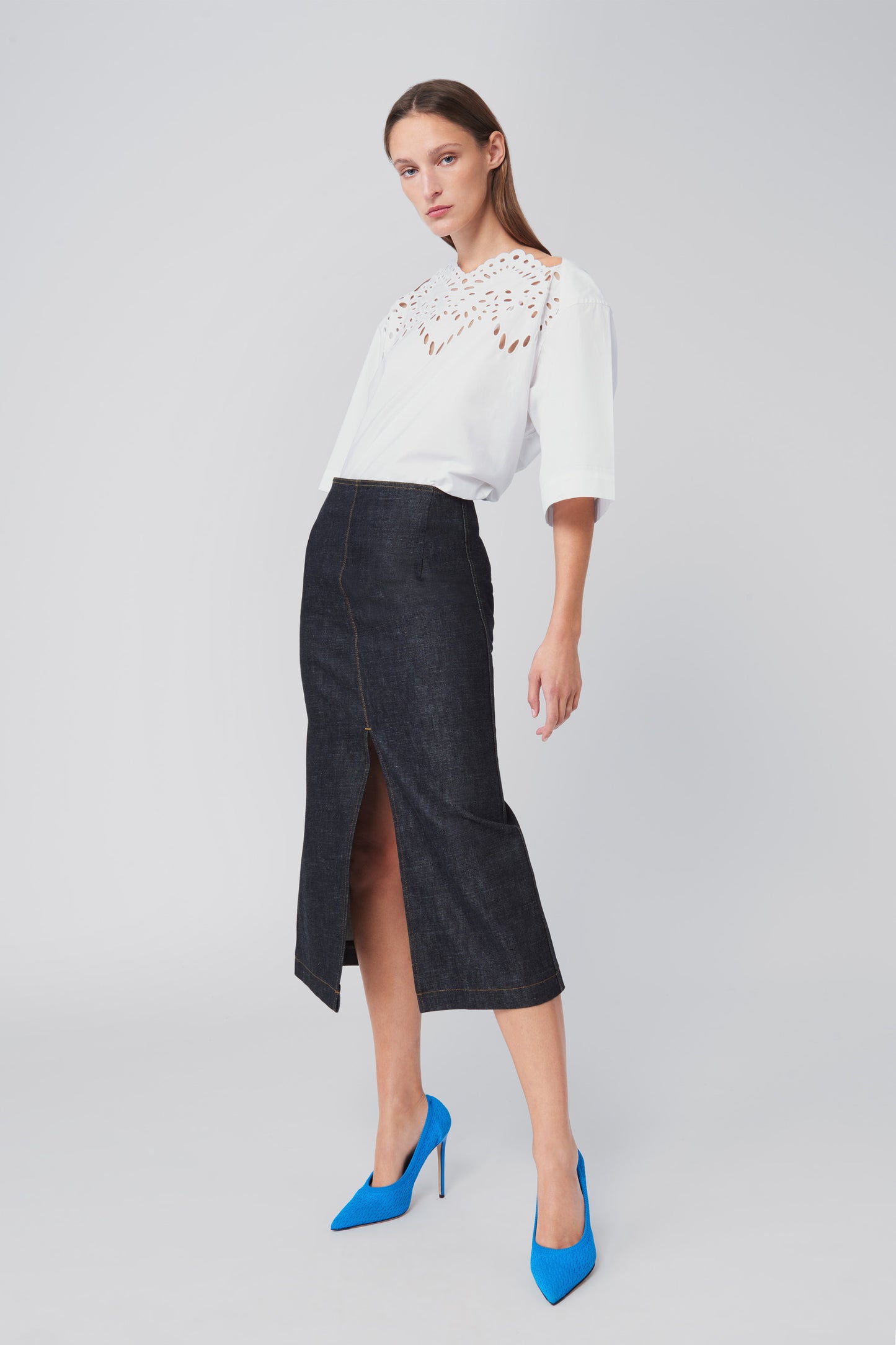 Box Pleat Midi Skirt in Stone Wash Denim