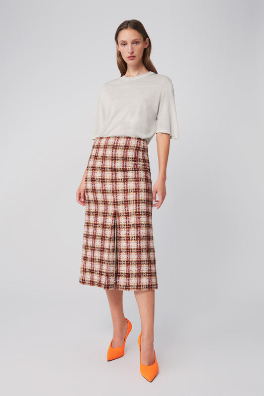 Box Pleat Midi Skirt in Red Check Tweed