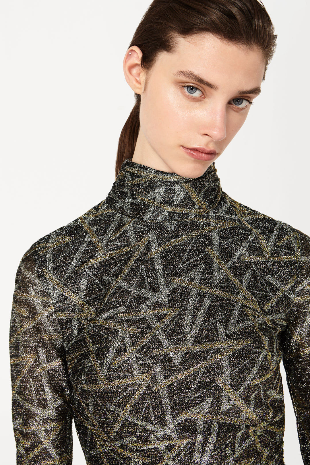 Pleated High-Neck Dress in Lurex Print