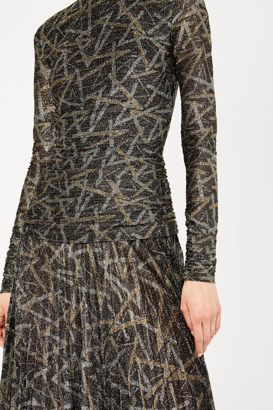 Pleated High-Neck Dress in Lurex Print